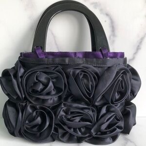 For Your Ease Only Black Satin Rosettes Evening Purse Handbag